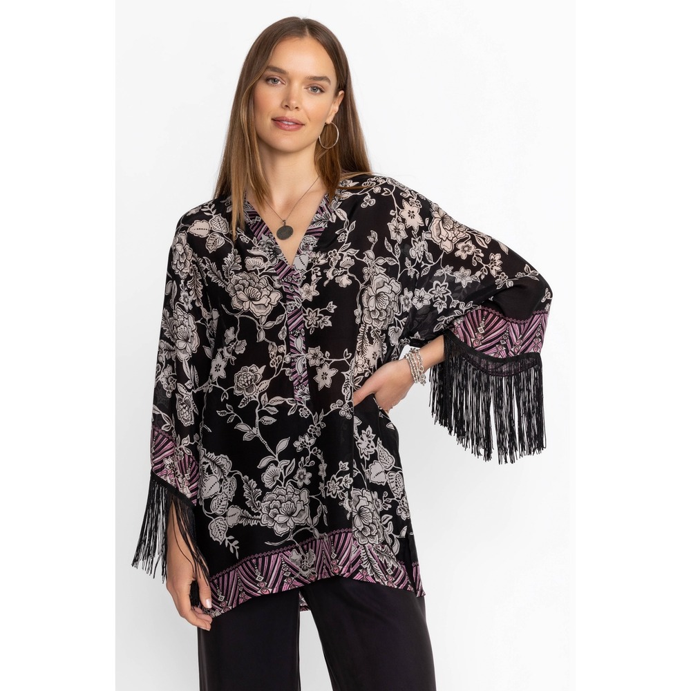 Johnny Was Edina Fringe Blouse Black Floral Silk Boho V-Neck Top XS W18423-E - Picture 3 of 6
